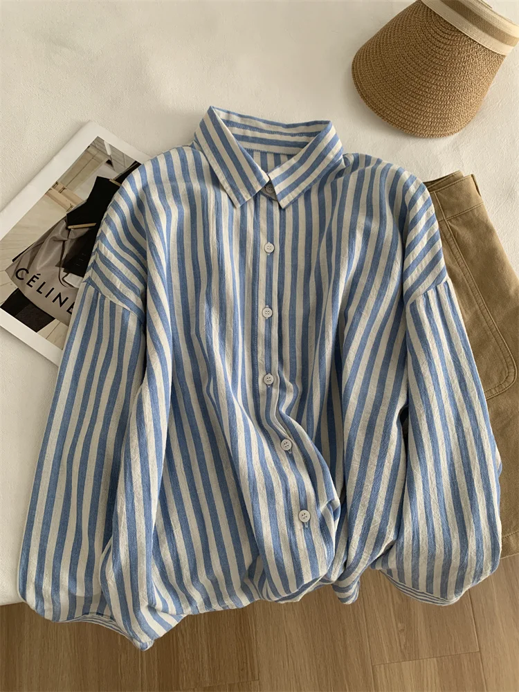 Blue Linen Striped Shirt for Women in Summer, Thin Sagging, Lazy and Slimming, Sun Blouse