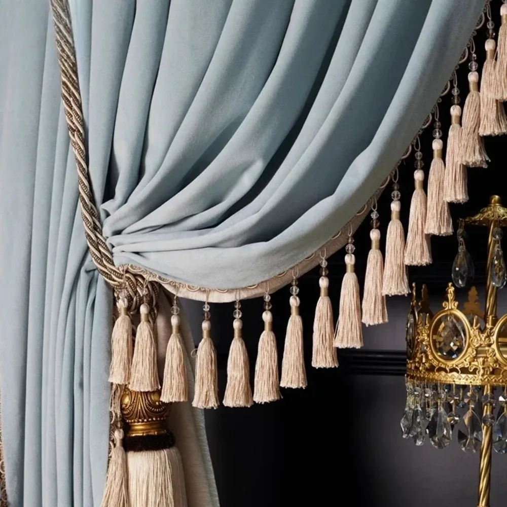 Water Blue Long Tassel Splicing Velvet Thickened Blackout Curtains for Living Room Bedroom French Window Villa Customization 1PC
