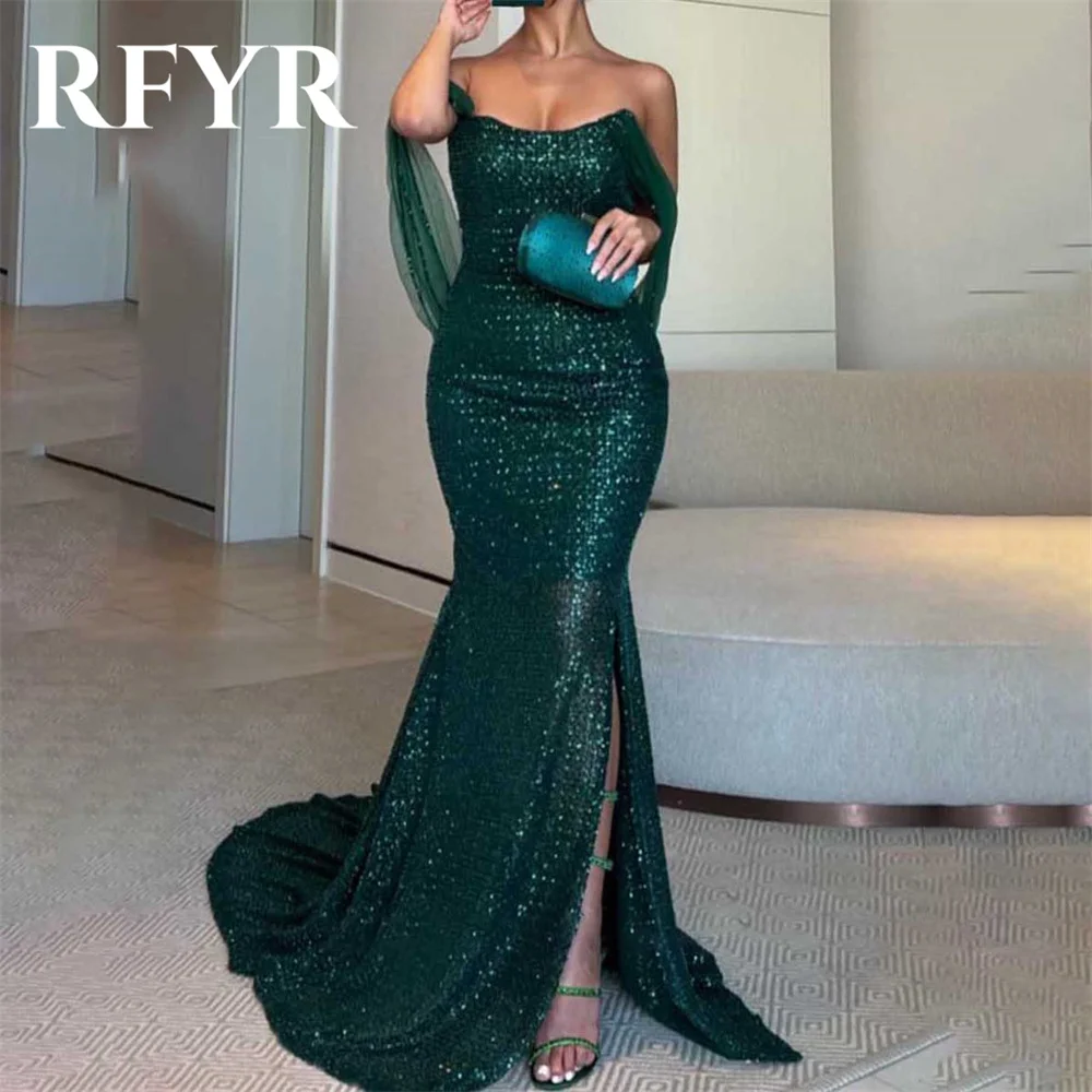 

RFYR Green Evening Gown Trumpet O-Neck Prom Dress Off The Shoulder Pleats Stain Evening Dress with Side Slit robes de soirée