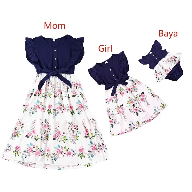 Mother Daughter Macthing Dresses Family Set Flower Mom Mum Baby Mommy and Me Clothes Fashion Cotton Dress Women Girls Outfits