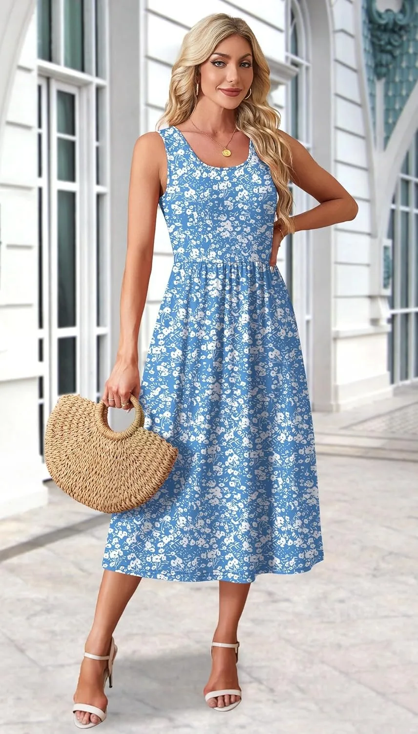 2026 Sommer Neue Kleider für Damen Bedrucktes Lässiges Midikleid Modisches Ärmelloses Rundhals-Strandkleid mit Taschen – Detail 15