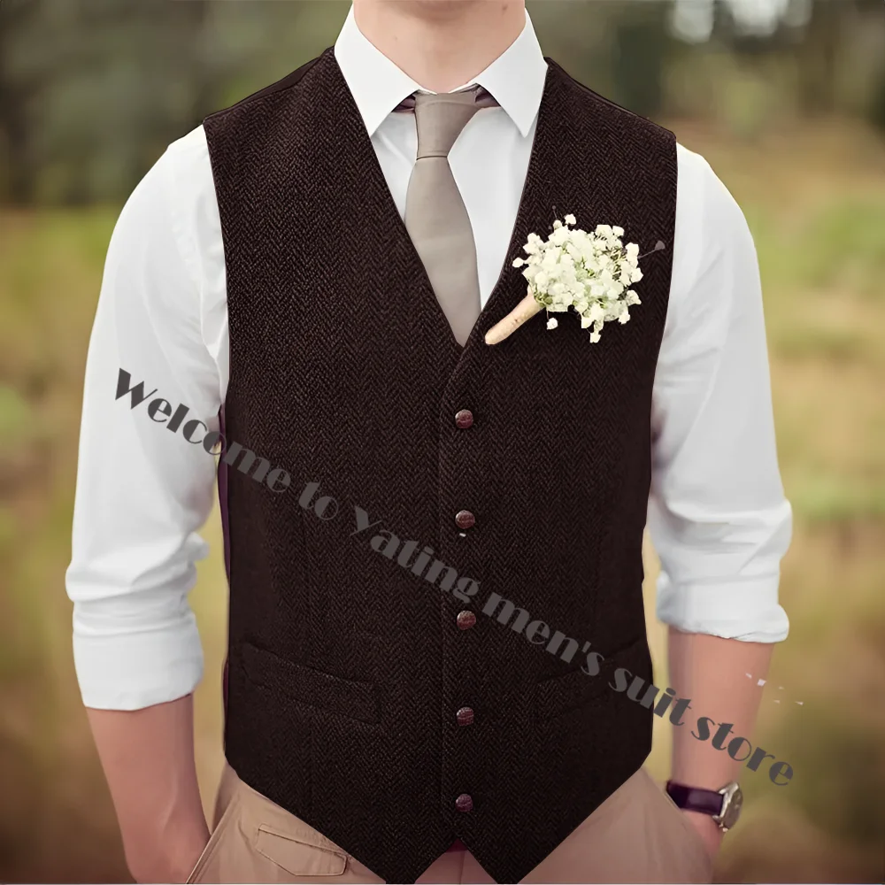 Country Brown Groom Vests For Wedding Wool Herringbone Tweed Custom Made Slim Fit Mens Suit Vest Farm Prom Dress Waistcoat