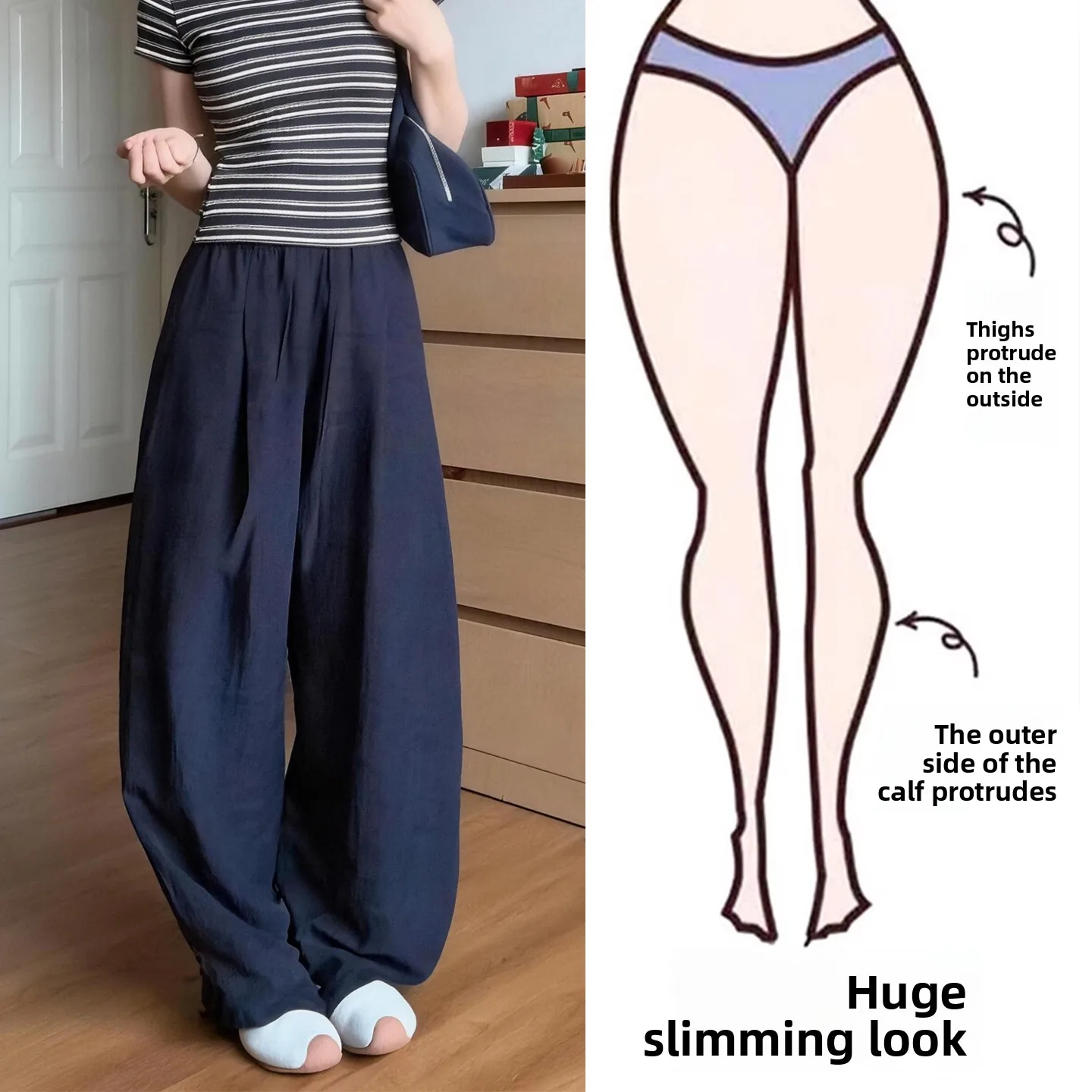 

Spring Summer plus Size Women's Wide Leg Pants Casual Loose Slimming High Waist Straight Cut Trousers Versatile Dark Blue