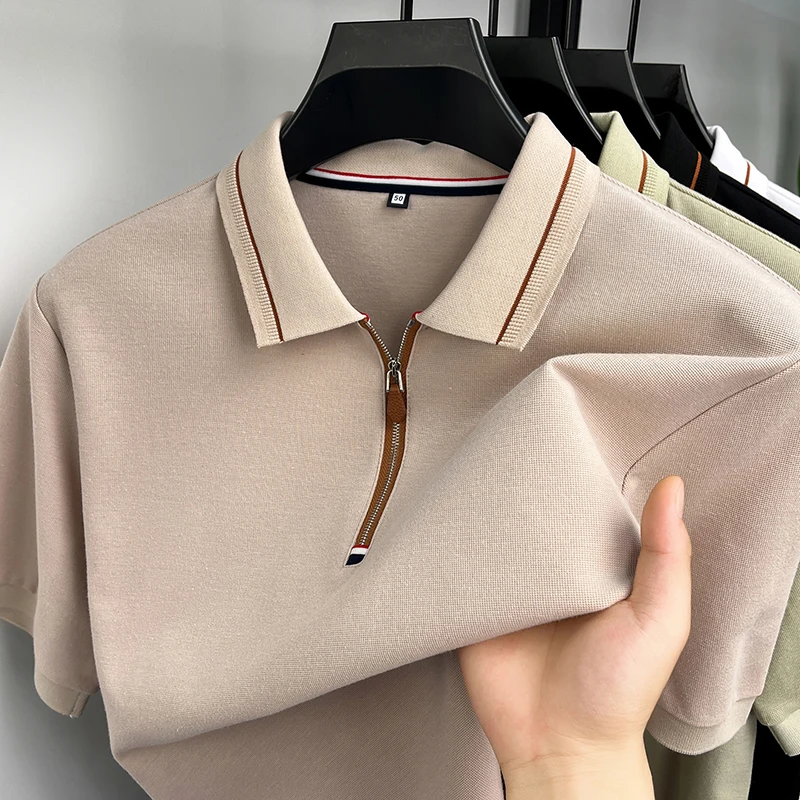 Light luxury half zipper short sleeve polo shirt new fashion men's summer soft breathable high-quality business casual T-shirt
