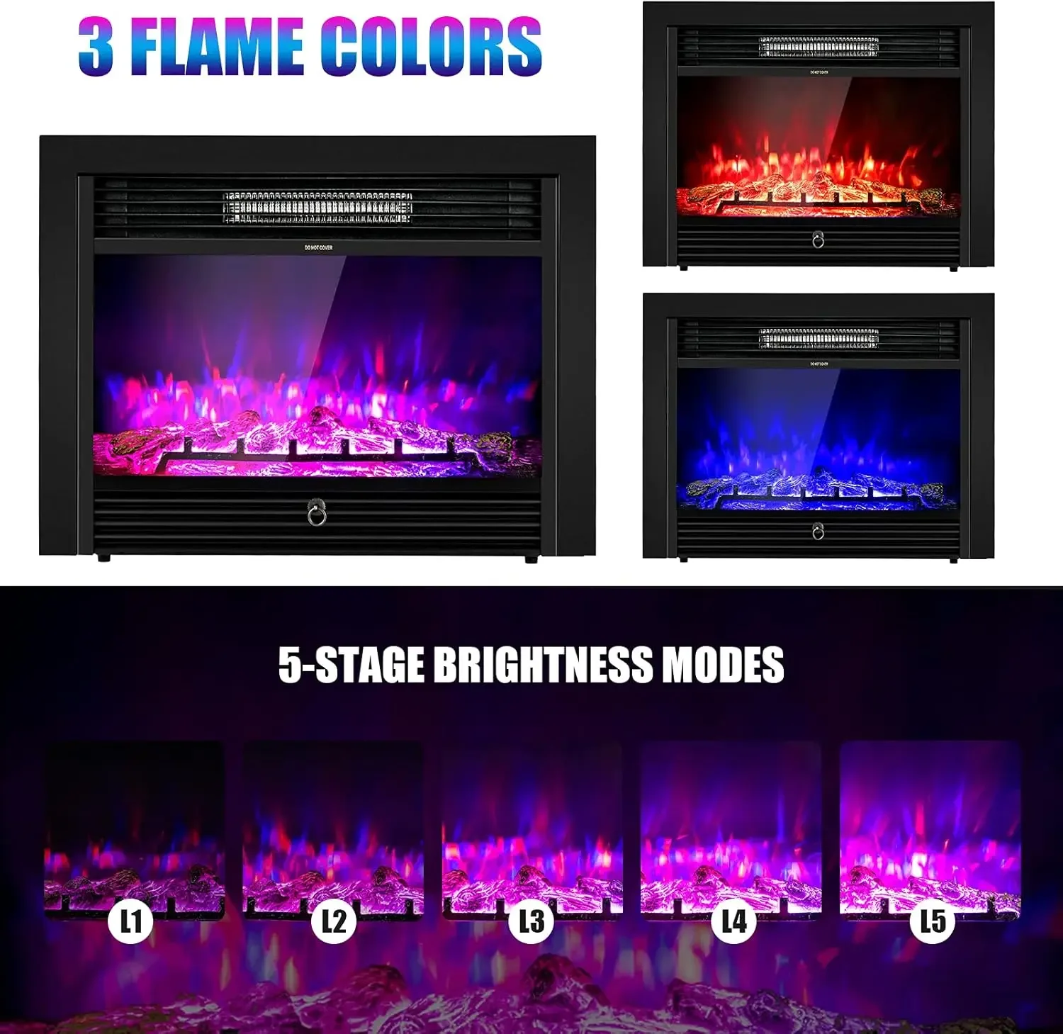 28.5-Inch Electric Fireplace Inserts, 750W/1500W Wall Recessed and Freestanding Fireplace with 3 Flame Colors, 5 Brightn
