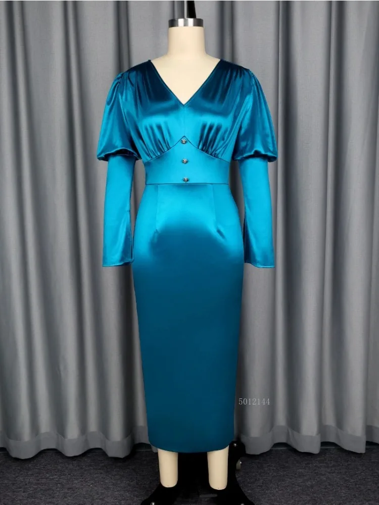 Fashion Satin Bodycon Dress Women V Neck Long Puff Sleeve Button High Waist Elegant Autumn Banquet Dinner Cocktail Party Dresses