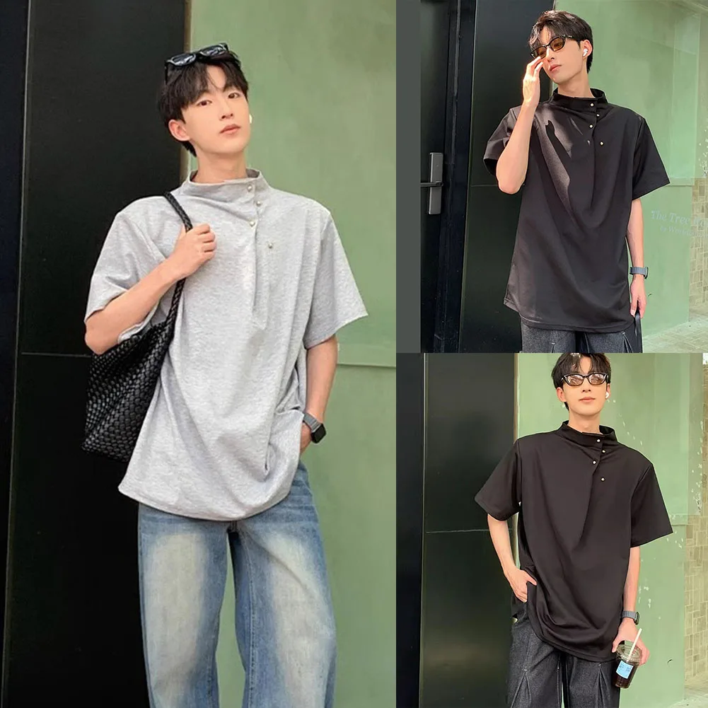 

Men Korean Stand Collar Retro Casual Tee Tops Short Sleeve Street Wear Men's Loose T-Shirt Breathable