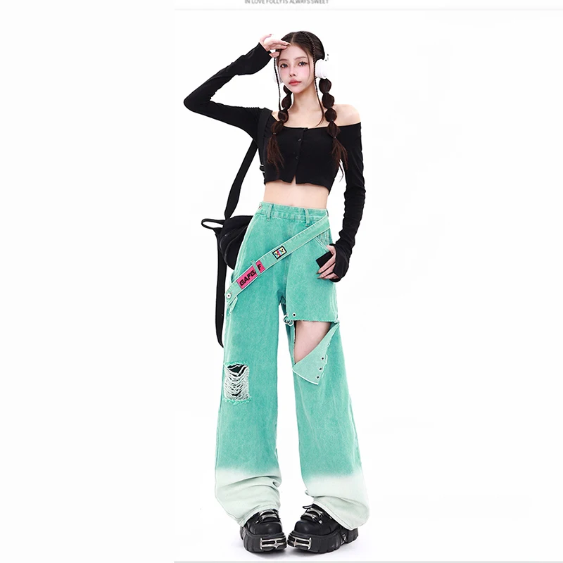 Dopamine Outfit 2024 Autumn New Washed Ripped American Style Spicy Jeans Fashionable High Waisted Gradient Straight Leg Pants