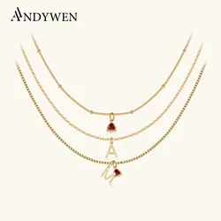 ANDYWEN 925 Sterling Silver Gold Initial & Birthstone Charm Necklace Accessories Long Chain Letter Zircon Pendant Jewelry Women