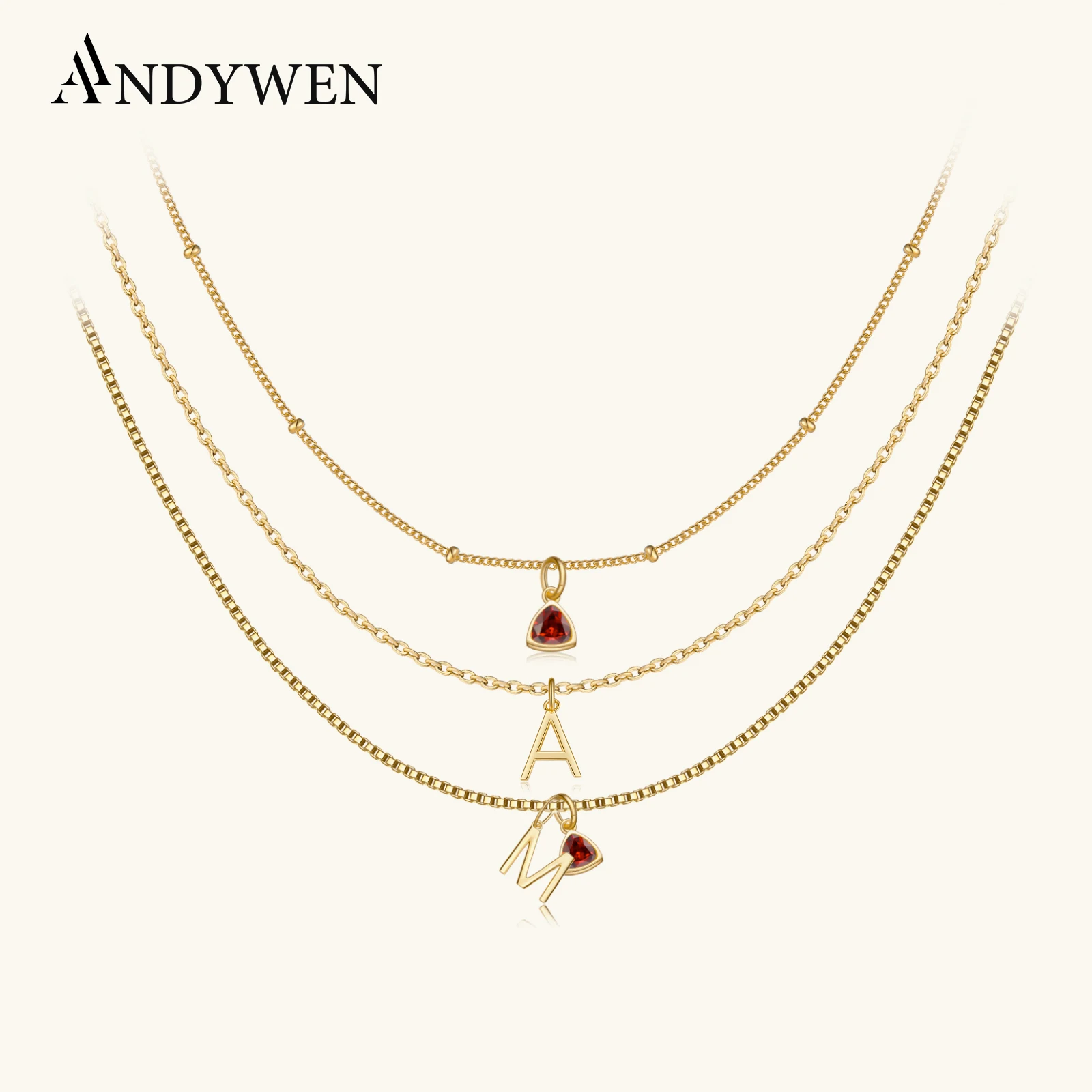 ANDYWEN 925 Sterling Silver Gold Initial & Birthstone Charm Naszyjnik Akcesoria Długi łańcuszek Litera Cyrkonia Wisiorek Biżuteria Kobiety