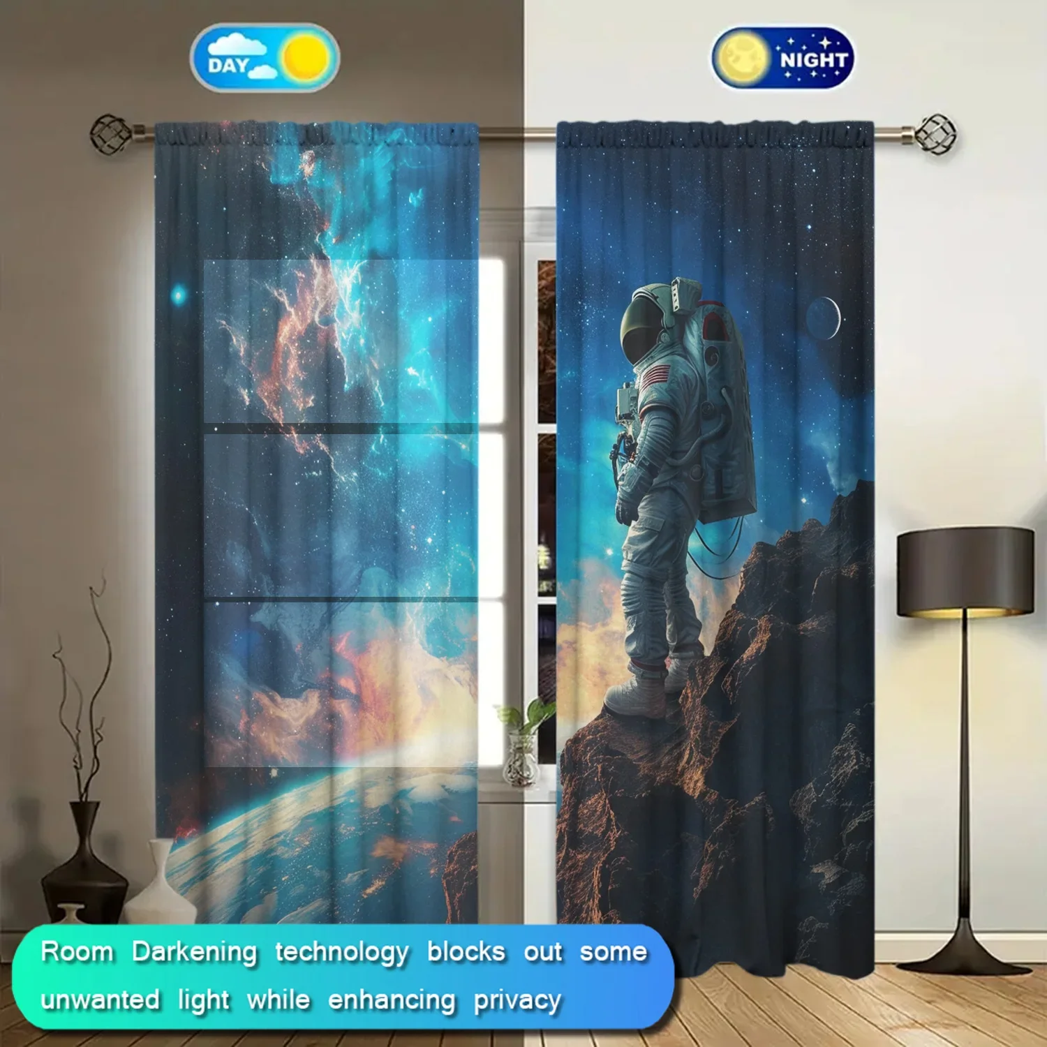 2pcs Astronaut Printed Curtain for Home Decor - Rod Pocket Window Treatment for Bedroom, Office, Kitchen, Living Room, and Study