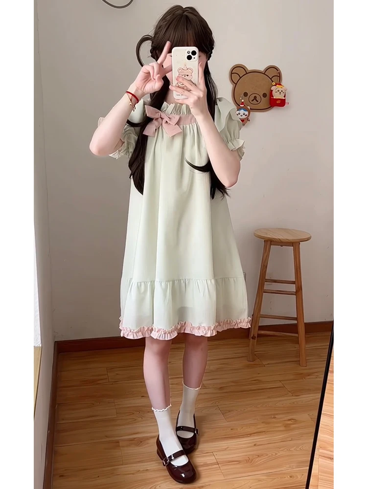 Japoński styl Lolita nowa różowa i zielona sukienka dla lalek w kontrastowym kolorze kokarda w stylu vintage słodkie świeże sukienki księżniczki z krótkim rękawem