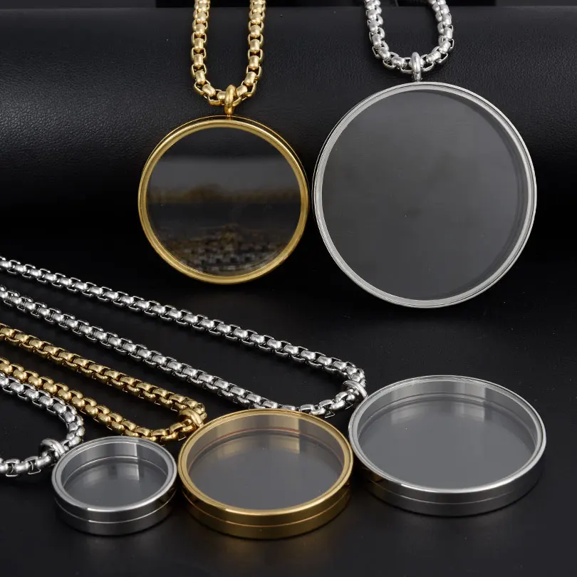 1Pc 25-45mm Chunky Round Coin Holder Floating Locket Pendant Necklaces Glass Box Memory Ashes Urn Relicario Men Collares Jewelry
