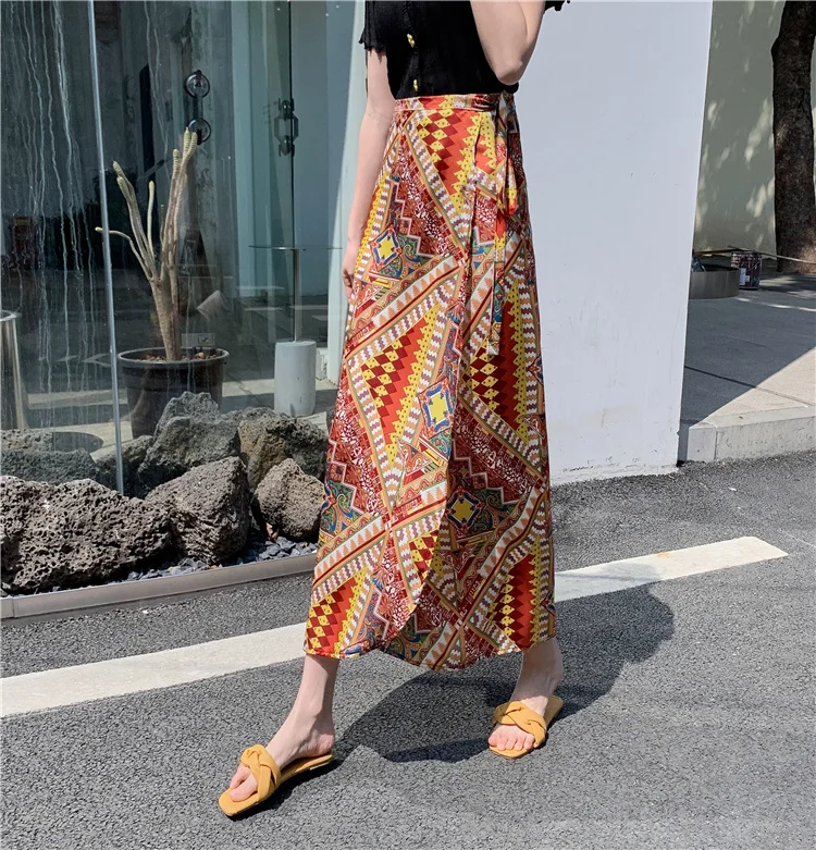 

Casual Sle One-Piece Print Beach Skirt Wrap Waist Design Holiday Vaion Skirt Ethnic Sle Polyester Fiber Stand Fit