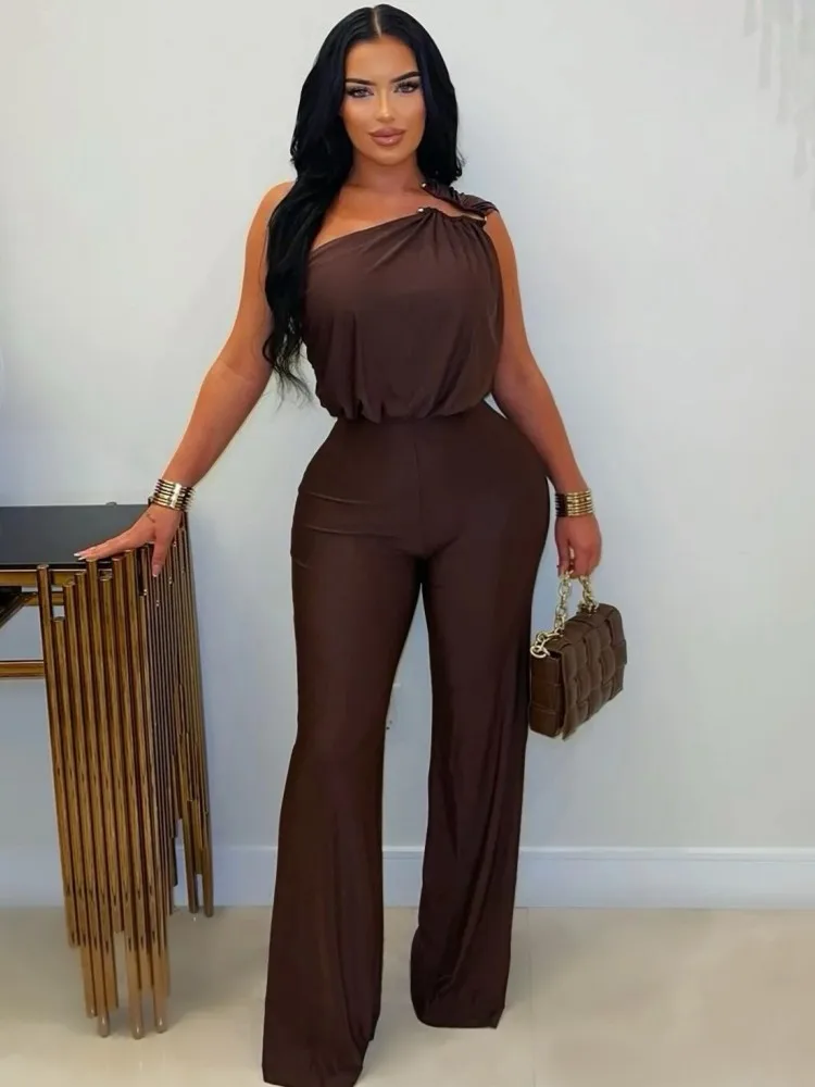 

Solid Women Jumpsuits For Spring Summer One Shoulder Diagonal Collar Fashion Streetwear Overalls Wide Leg Pants Trousers 2026