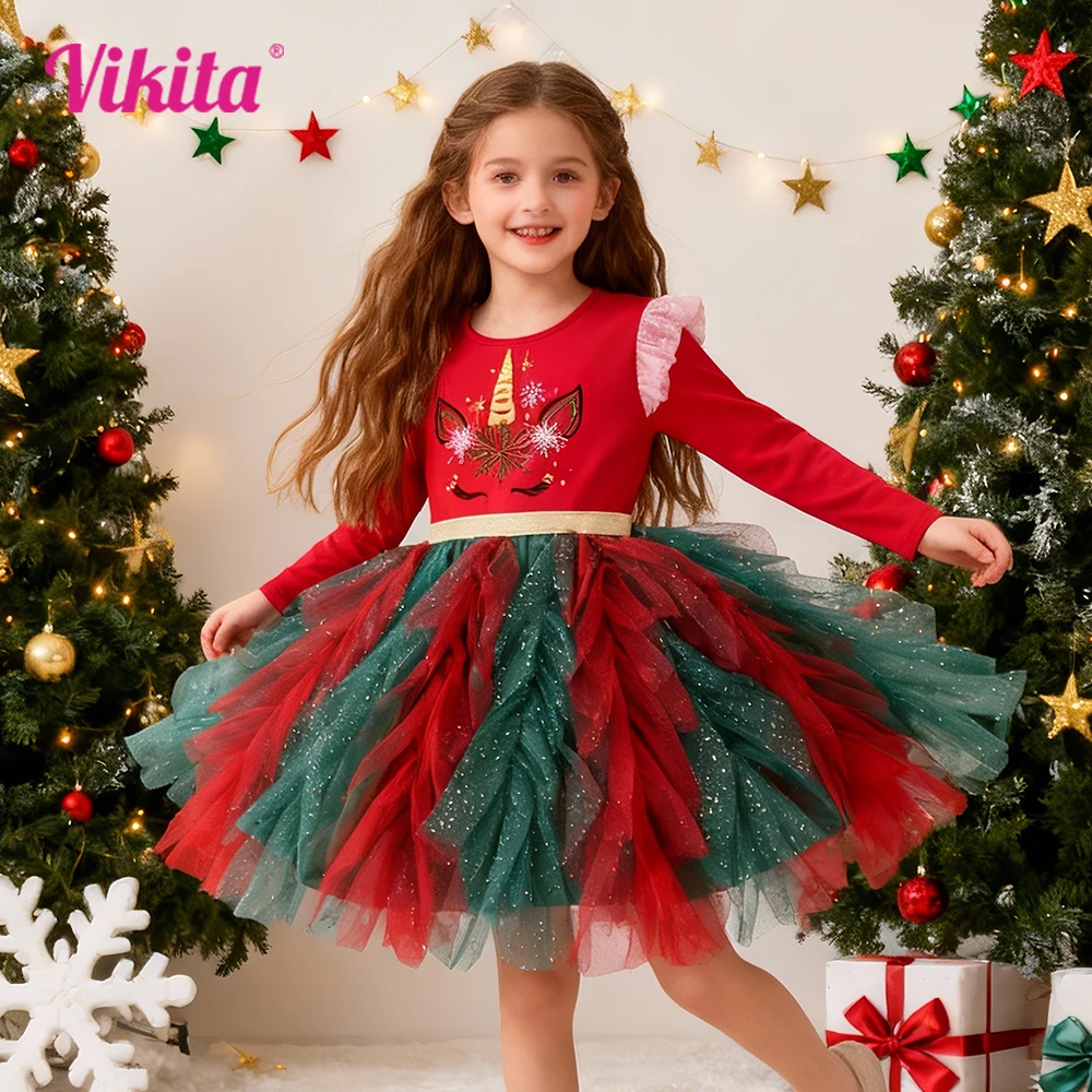 VIKITA Kinder Weihnachten Neujahr Urlaub Kleid Geschenk Kinder Schneeflocken Einhorn Rot Grün Glitzerndes glitzerndes Tüll-Tutu-Kleid