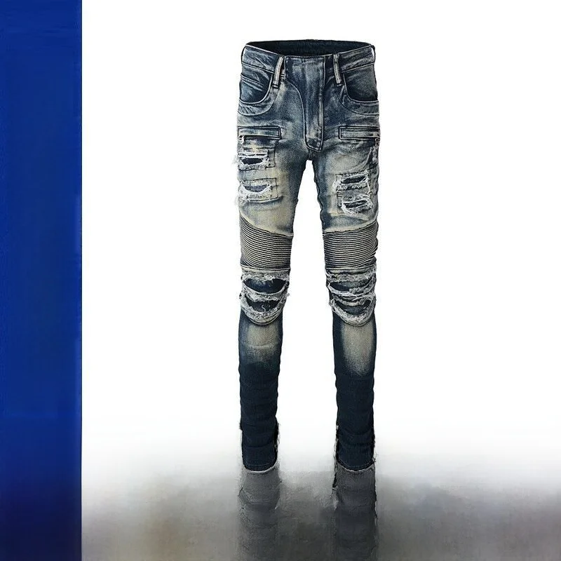 

Мужские джинсовые джинсы High Street Motorcycle Sle, рваные эластичные повседневные брюки с небольшой ногой, повседневные брюки со средней талией и сетчатым принтом Cleanfit