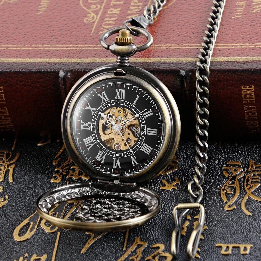 Vintage Hollow Magpies Half Hunter Mechanical Pocket Watch Roman Numerals Pendant Pocket Chain Timepiece Gifts for Men Women