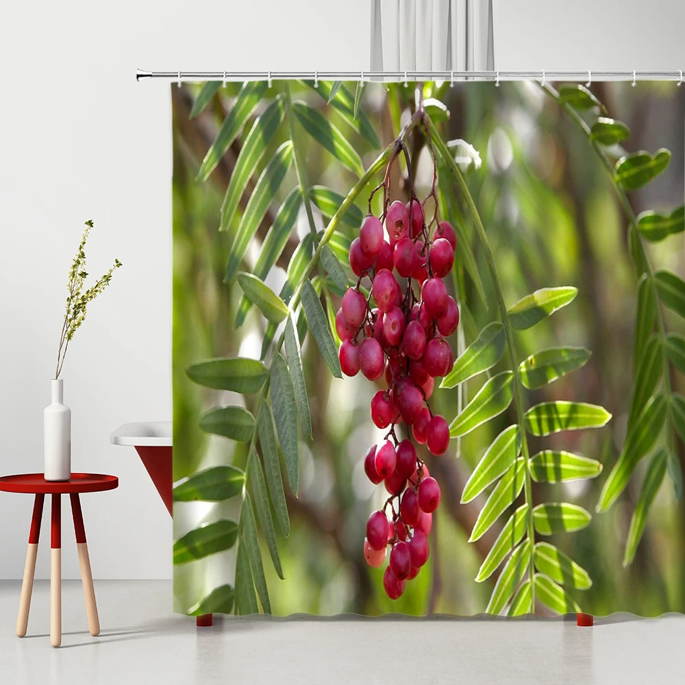 Red Berry Printing Shower Curtains Fresh Green Trees and Attractive Fruits Landscape Home Decor Bathroom Curtain Cortina De Baño