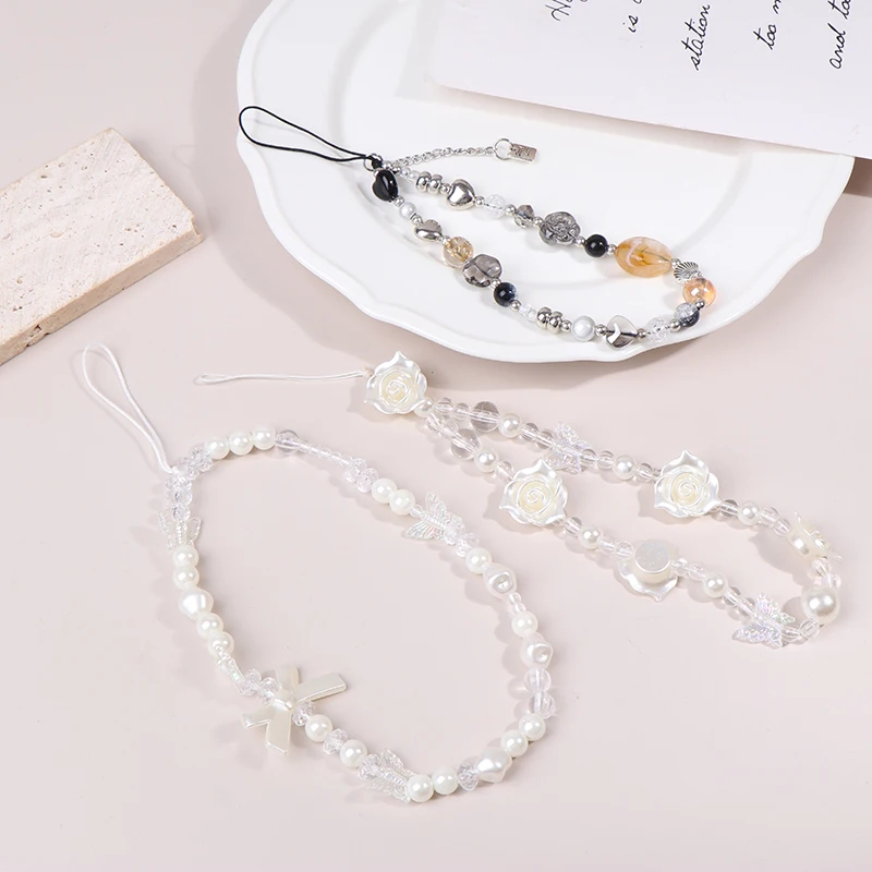 

Стильная цепочка для телефона с подвеской-бабочкой, бусинами в виде роз и ракушками; ремешок-фиксатор для камеры, декор для сумки, защита от потери