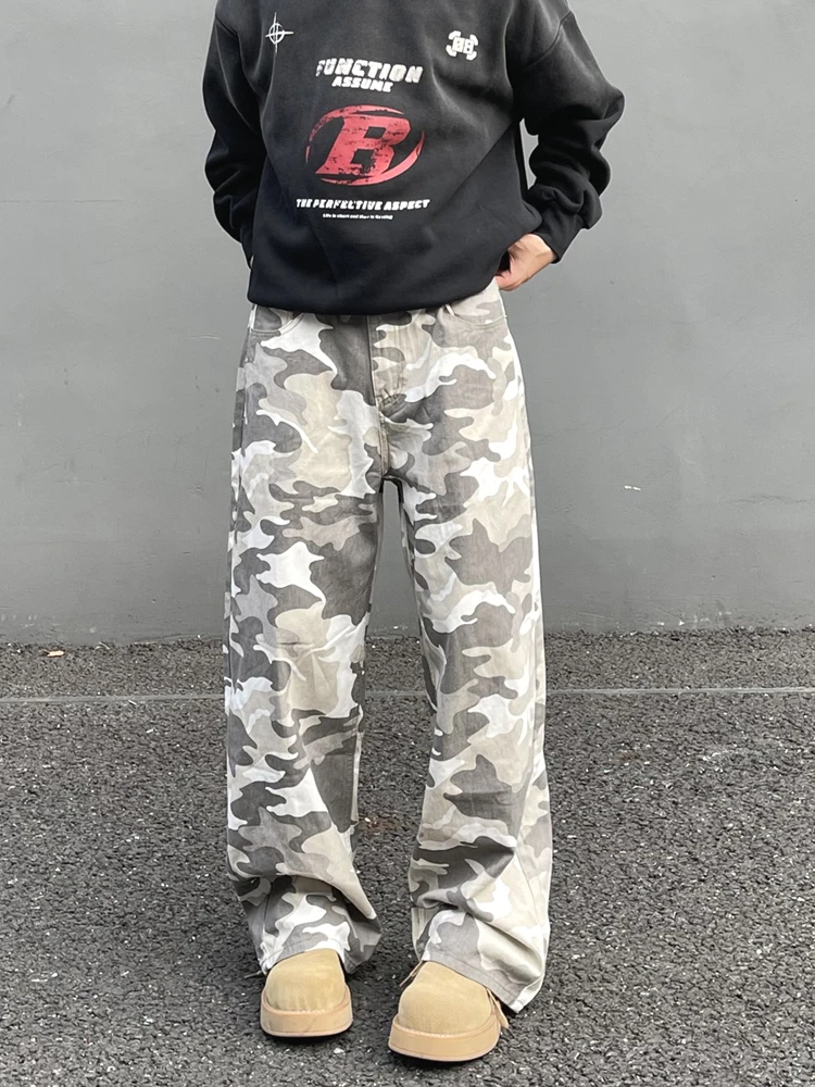 

American Sle Loose Straight Leg Men's Jeans Desert Camouflage Overalls Knife Dad Pants Casual Trendy Teenager Jeans