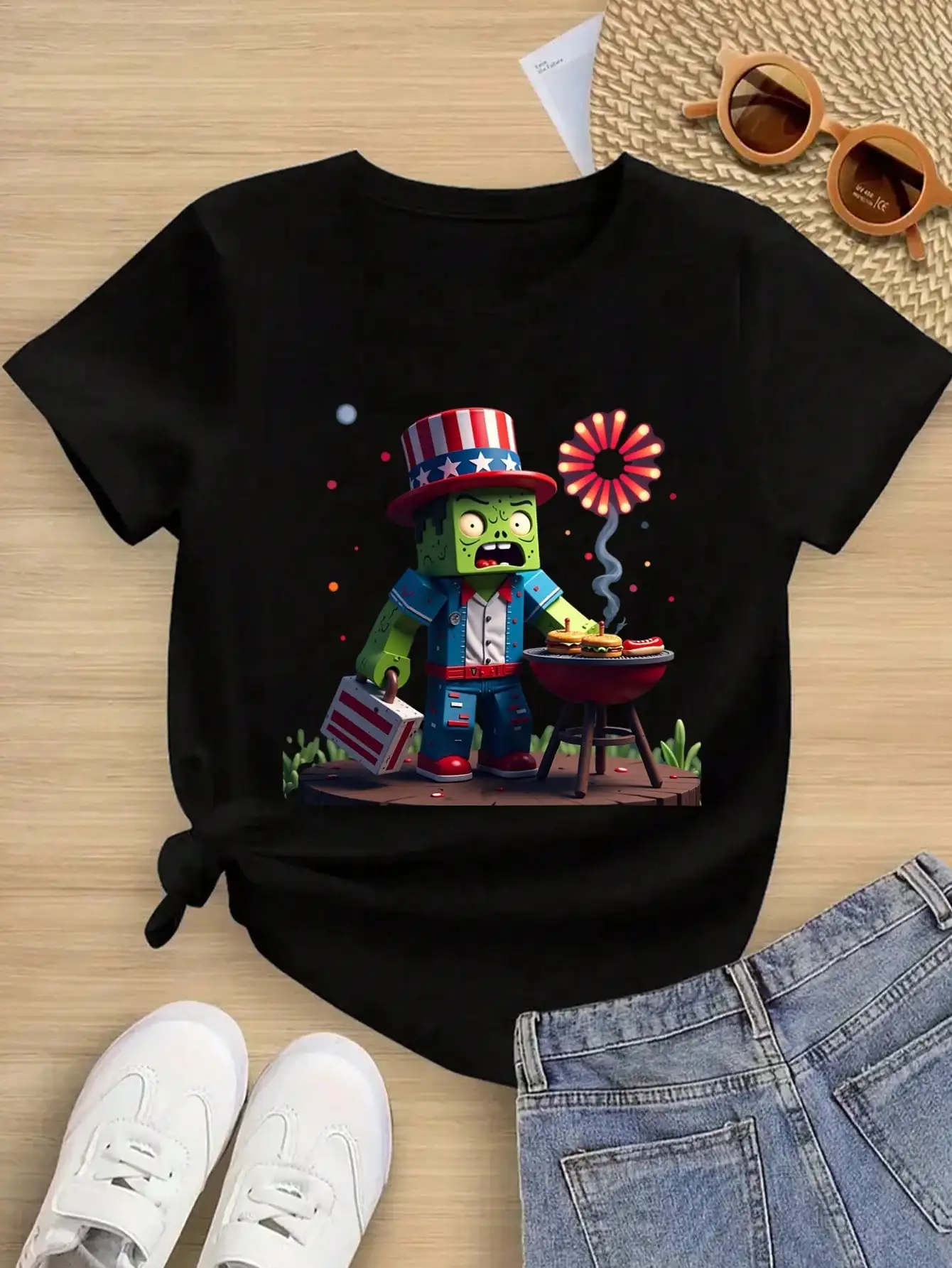 

Tween Girls/Boys Clothes, Patriotic Cotton T-Shirt, Black Casual Tee With Zombie BBQ And Fireworks Graphic