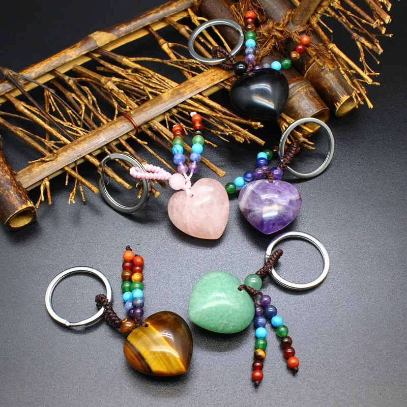 Heart Natural Crystal Keychains 7 Chakra Healing Stone Pink Quartz Tiger Eye Keyring Silver Color Car Key Holder Decor