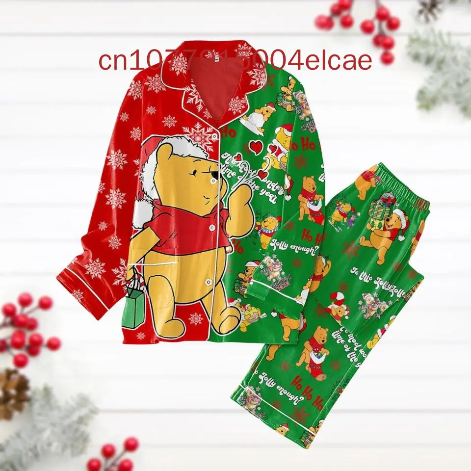 New Winnie The bear Christmas Pajamas Set Disney Casual Men's and Women's Long Sleeve Shirt Pajama Set