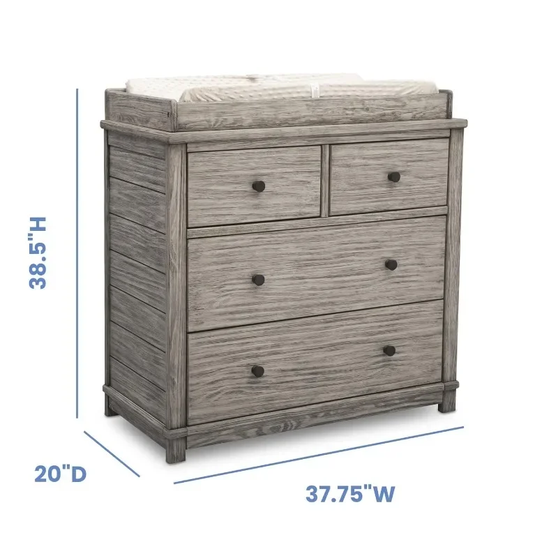 Dresser with Changing Top and Interlocking Drawers, Features A Softly Distressed Finish