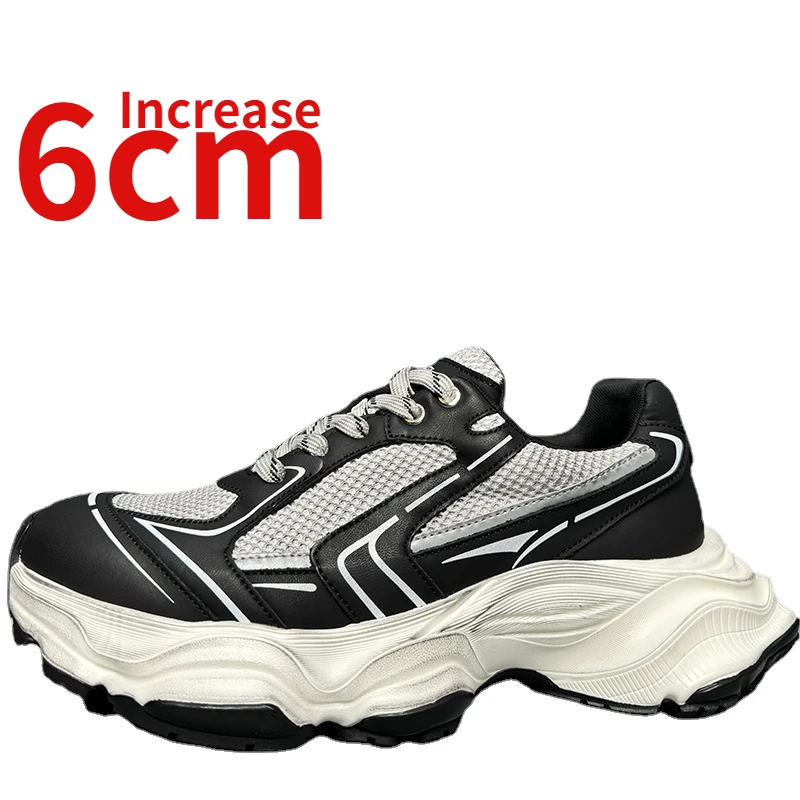 

European New Product Shoes for Men's Mesh Breathable Sports Casual Shoe Increased 6cm Polishing and Aging Ins Trendy Dad's Shoes