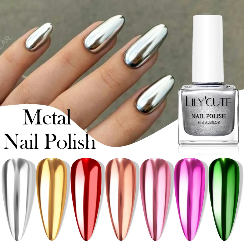 LILYCUTE 7 ml superheller silberner metallischer Nagellack, keine Lampe erforderlich, schnell trocknend, Glasflasche im französischen Stil, Maniküre, Nagelkunst-Lack