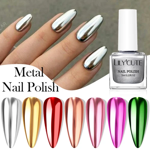 LILYCUTE-esmalte de uñas metálico plateado superbrillante, 7ML, sin necesidad de lámpara, botella de vidrio de estilo francés de secado rápido, barniz para manicura artística