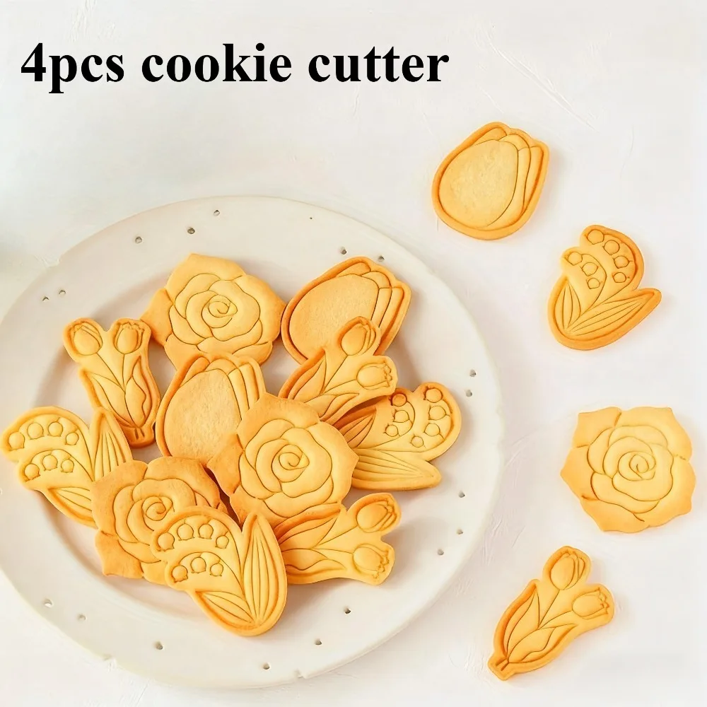 4Pcs Mother's Day Flower Cookie Cutter Set  Tulip Rose Lily of the Valley Embossed Molds for Fondant Biscuits Cake  DIY Baking