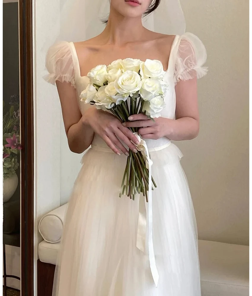 

Customized High Quality Tulle A-Line Evening Dress Temperament Square Neck Short Sleeves Floor Length Bespoke Occasion Gowns