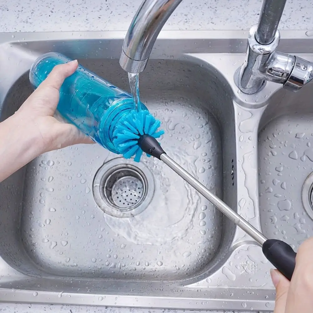 Conjunto de escovas de limpeza para garrafas de água em aço inoxidável, conjunto de limpador de garrafas com cabo longo flexível, cerdas macias, azul, para casa