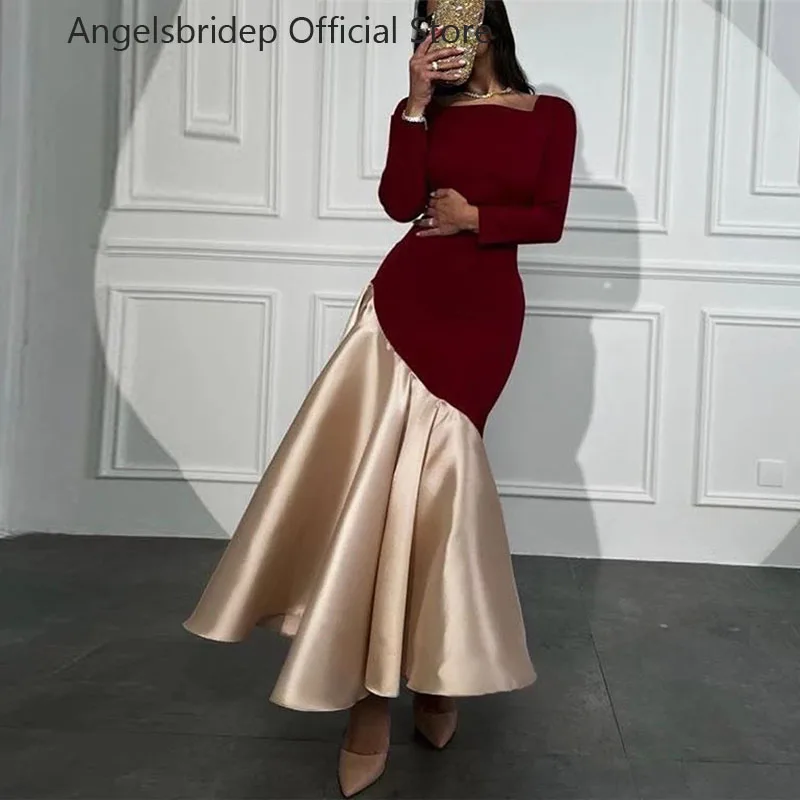 

Angelsbridep Vintage Burgundy Cap Sleeves Evening Dresses Square Stretch Satin Simple Saudi Arabic Women Party Formal Prom Gowns