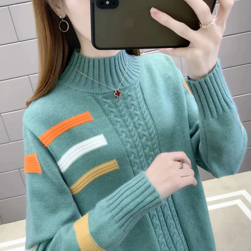 Autumn Winter Women Sweater Pullovers 2023 New Patchwork Half High Collar Knitted Sweater Jumper Casual Female Bottoming Tops