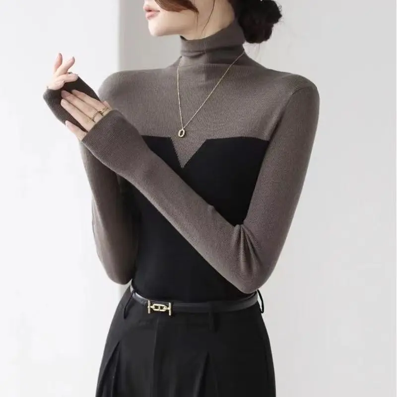 

Temperament Contrast High Neck Knitted Sweater for Women Autumn Winter Long Sleeve Slim Elegant Pullovers Top Fashion Clothing