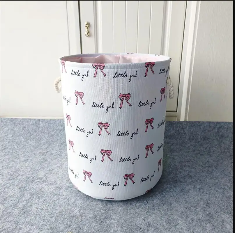 Cute bow Storage Basket Toys Collapsible Convenient Laundry Basket Cartoon Thickened Fabric Drawstring Clutter Storage Organizer