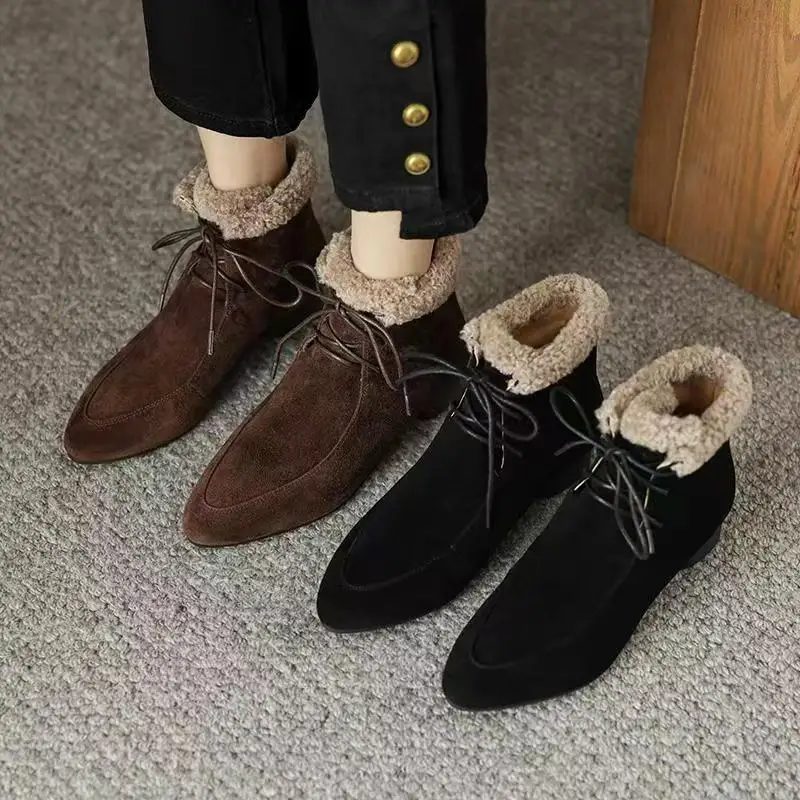 

2026 Winter And Autumn Short Boots For Women Fashionable With Added Insulation Soft Sole Warm Lace-up Pointed Toe Cotton Shoes