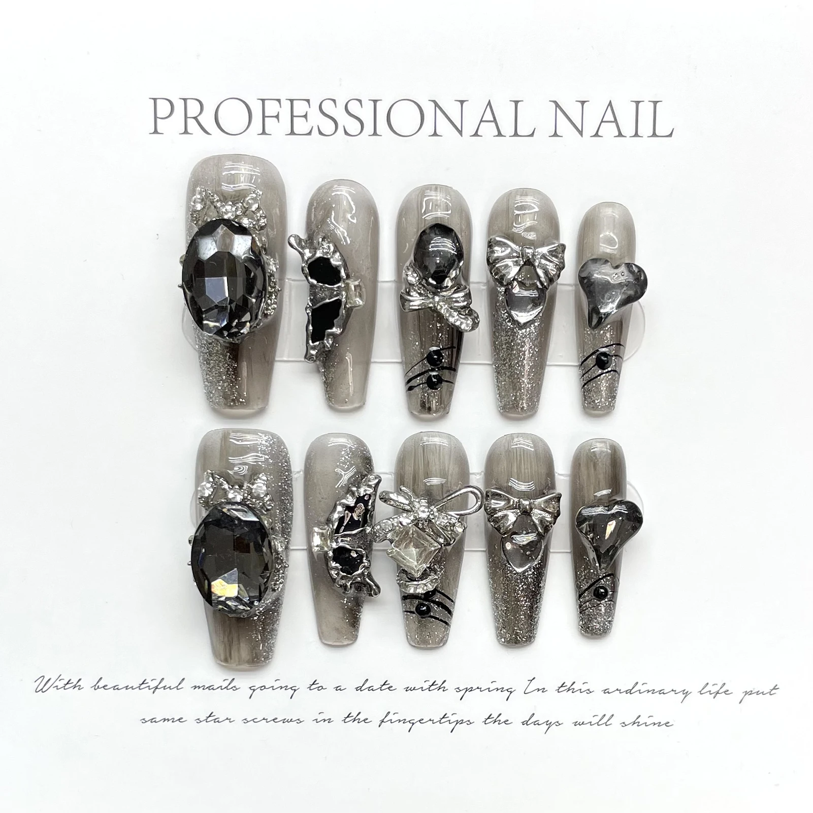 Gothic Black Press on Nails with Rhinestone Natural Unbreakable Nail Simple Wear for Daily and Parties Wearing