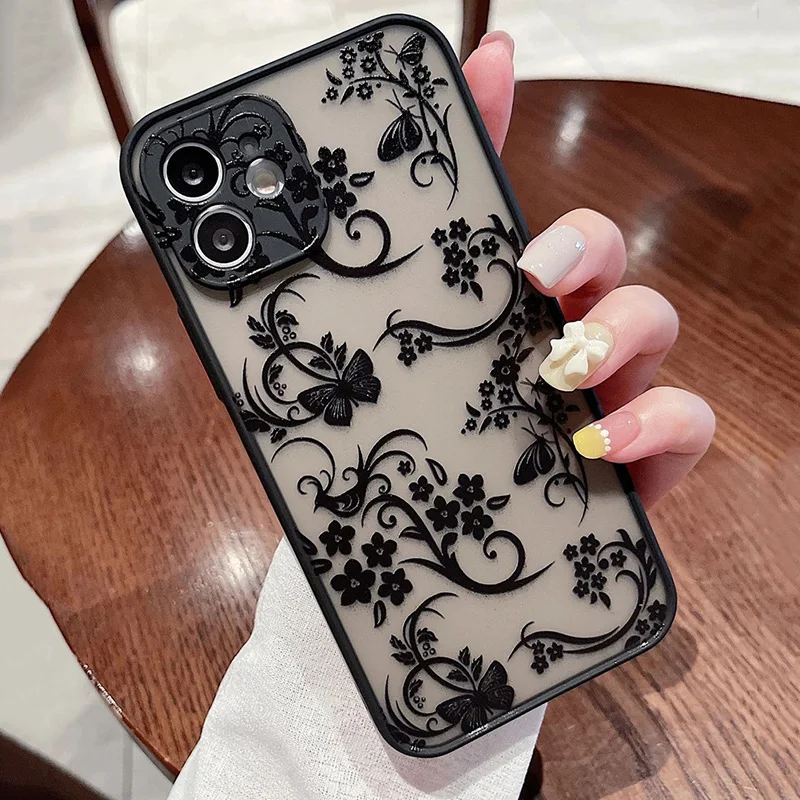 Contrast Frame Flower & Butterfly Print Case for Xiaomi Redmi Note 13 12 Pro Plus 12S 11 11S 10S 10 Redmi 12C 13C 13C 14C Cover