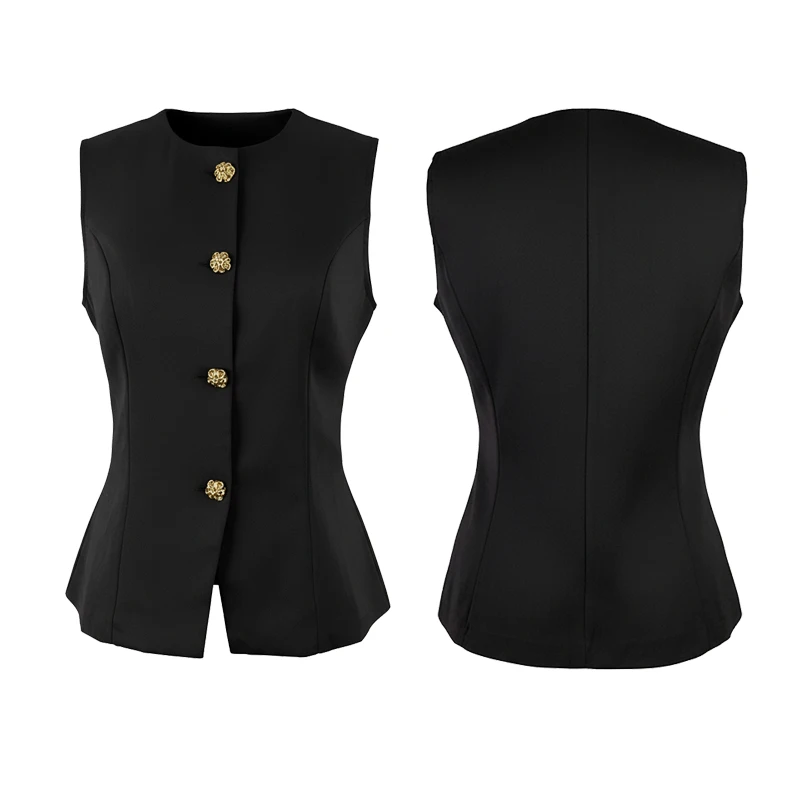 

Yeezzi Women's Black Sleeveless Vest Top Buttoned Solid Color Elegant Tailored Peplum Blouse 2025 Fashion Office Thin Outerwear