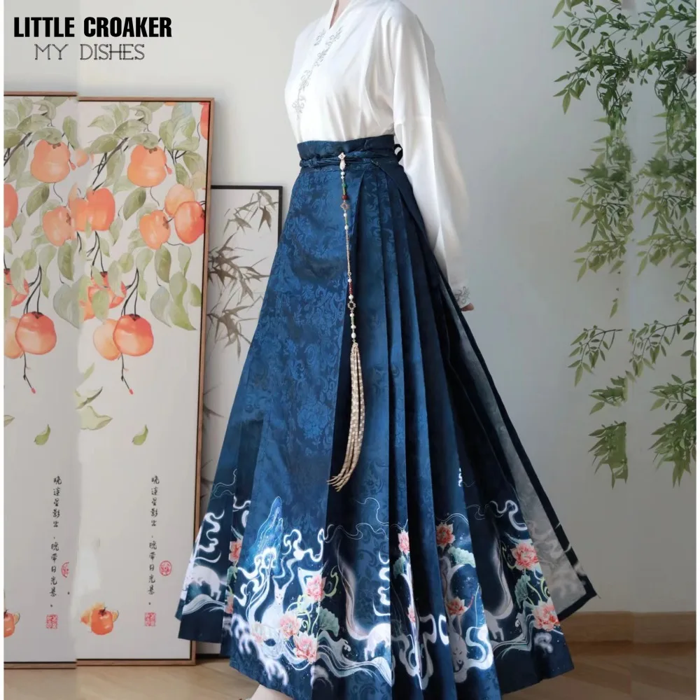 Vintage Women Chinese Traditional Hanfu Cardigan Shirt + Blue Pleated MaMian Skirt Chinese Hot Hanfu Shirt Horse Face Skirt Set