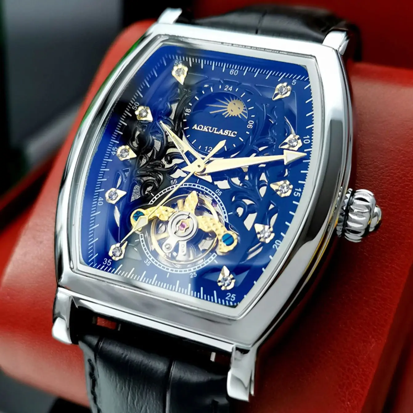 AOKULASIC Tourbillon Skeleton Automatic Mechanical Watch for Men Luxury Iced Out Moon Phase Casual Leather Strap Mens Watches