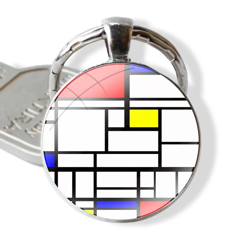 Keychain Handmade Glass Cabochon Key Ring Holder Pendant Key Chains Geometric De Stijl Abstract Art