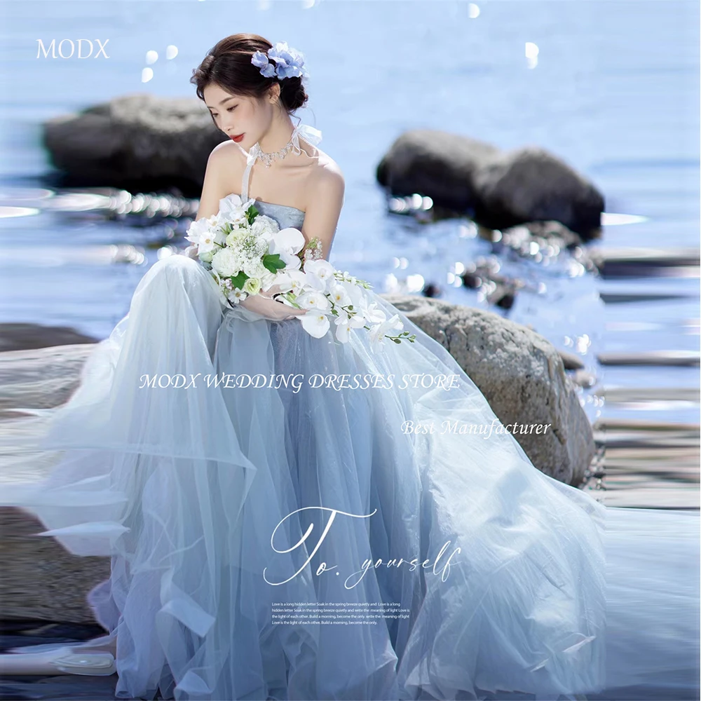 MODX التقطت الصور الكورية ألف خط فستان زفاف بسيط بدون حمالات بلا أكمام تول طول الأرض فساتين العروس زي العرائس