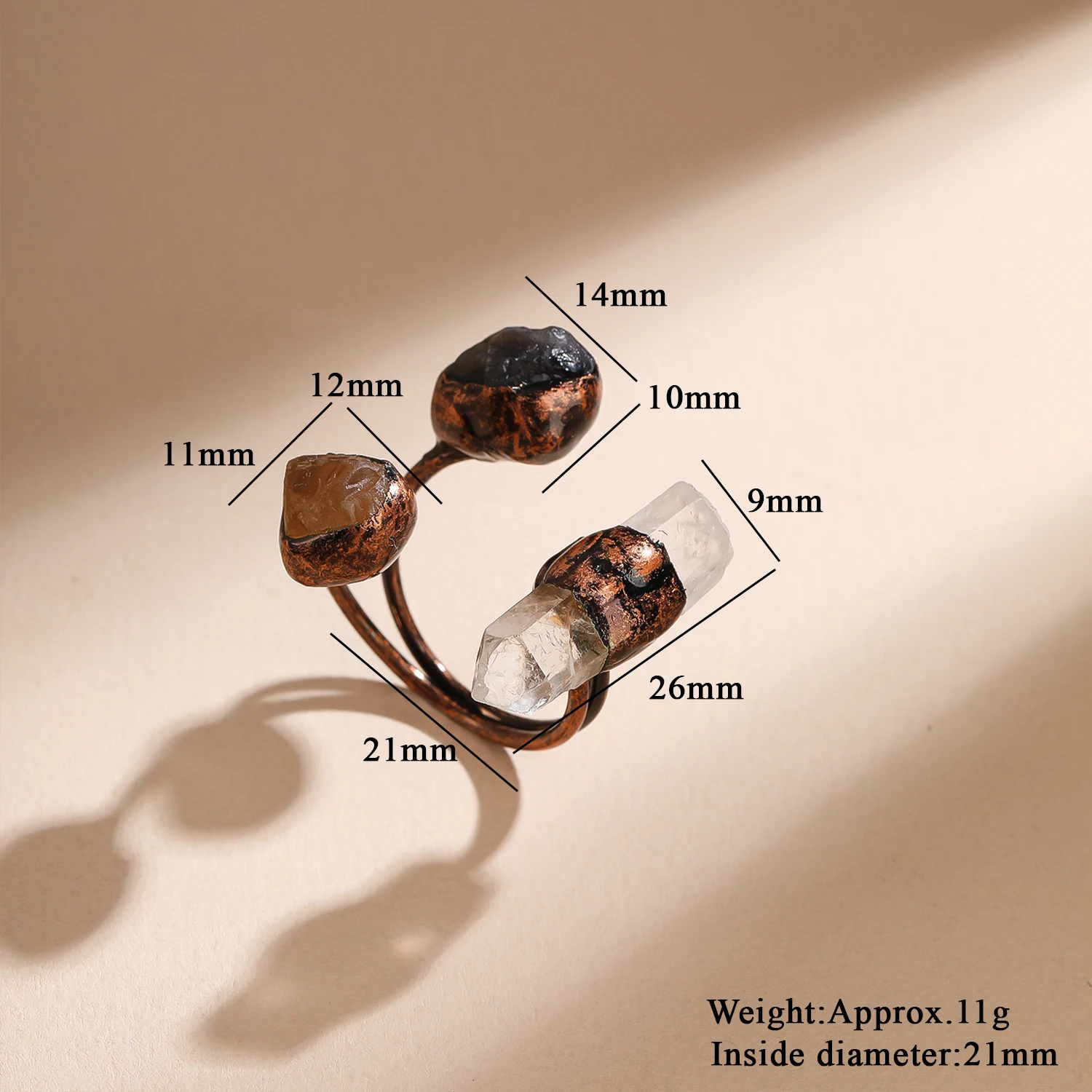 Vintage Classic Open Ring with White Quartz Citrine Black Tourmaline Bronze Bezel Setting Unisex Party Daily Wear 1Pcs for Women view 4