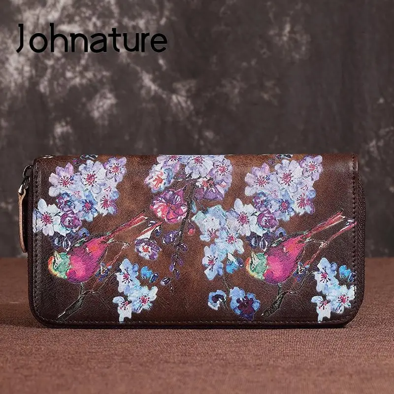 Johnature Printed Wallet 2024 New Retro Real Leather Long Womens Wallets And Purses Wallet Card Holder Soft Cowhide Phone Purse