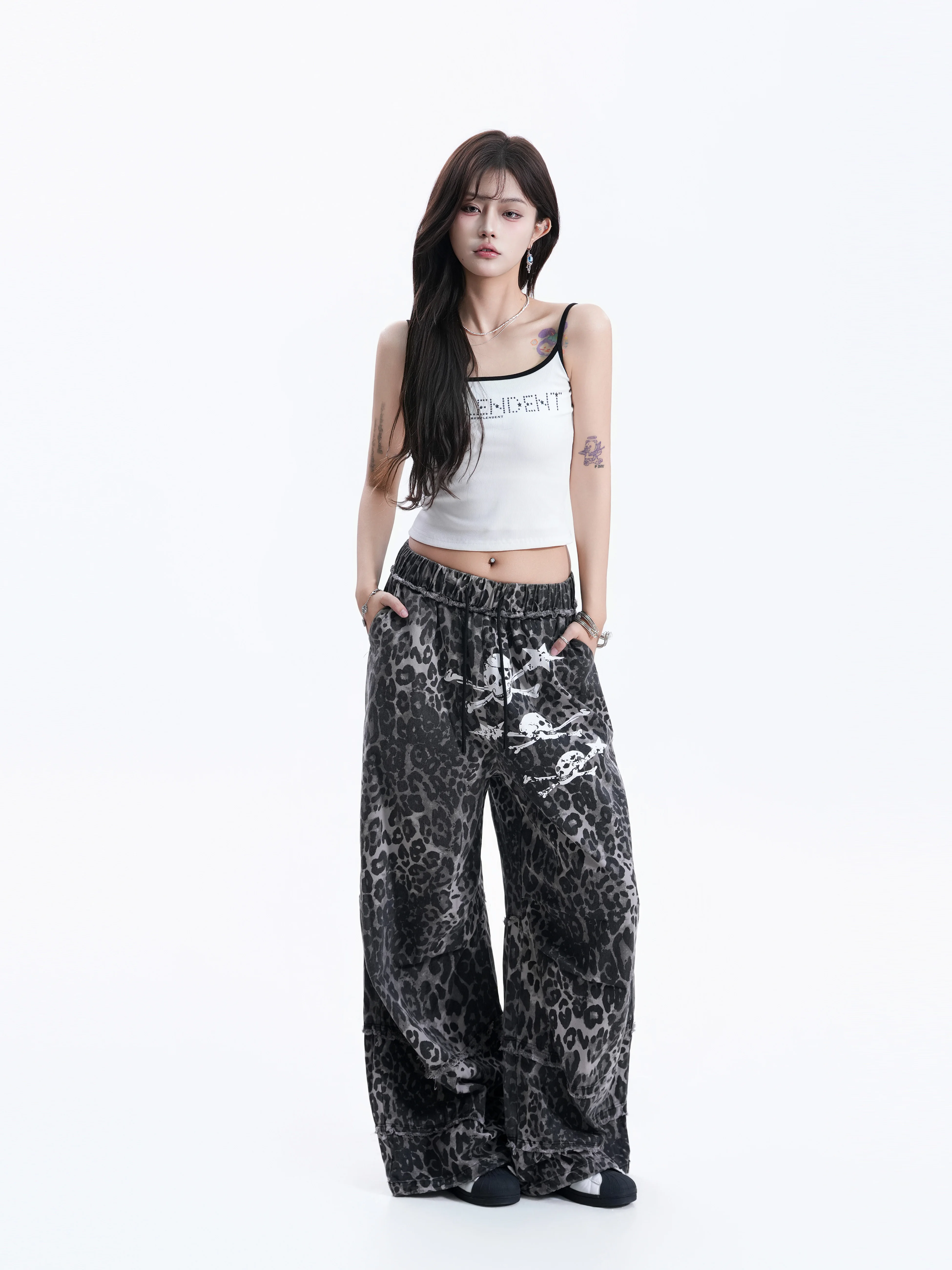 American Retro Leopard Print Wide Leg Pants Women's Skull Star Print Frayed Drawstring Couples Pants Street Style Casual Cotton